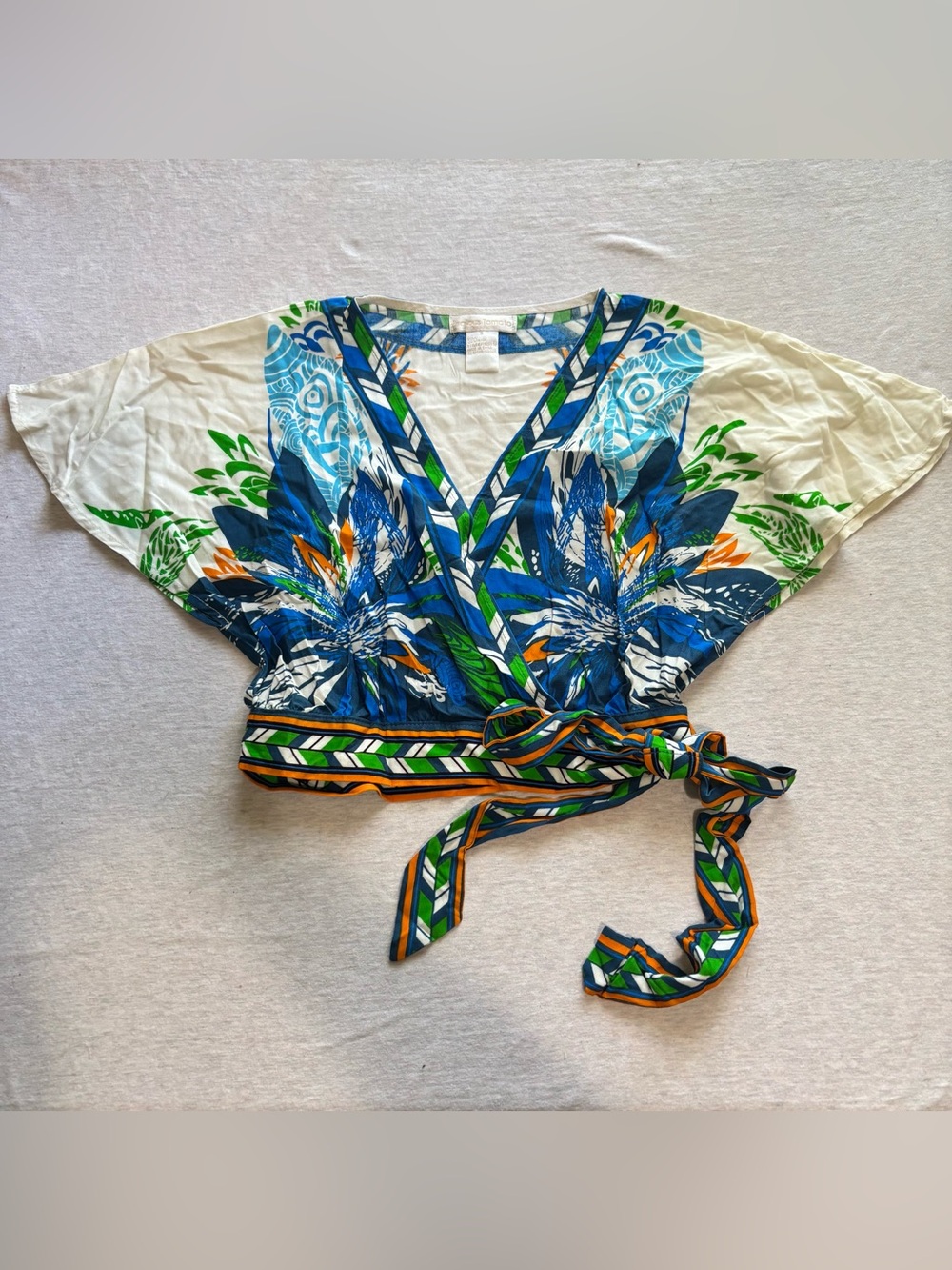Jealous Tomato Tropical Floral Wrap Crop Top Blue Green Orange Size S